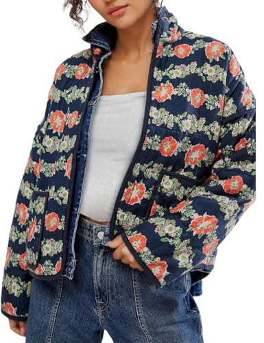 Omoone Women's Cropped Quilted Jacket Floral Printed LightWeight Padded Puffer Cardigan Coat Outwear(3950-09DarkBlue-XL) | Amazon (US)