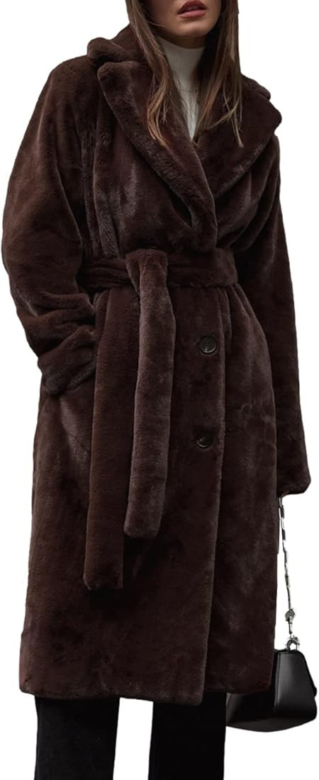 Womens Faux Fur Coat with Belt Winter Fuzzy Fleece Open Front Long Cardigan Jacket Teddy Coats | Amazon (US)