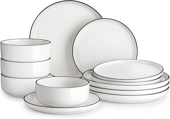 MALACASA Plates and Bowls Sets, 12 Pieces Modern Porcelain Dinnerware Set for 4 White Kitchen Din... | Amazon (US)