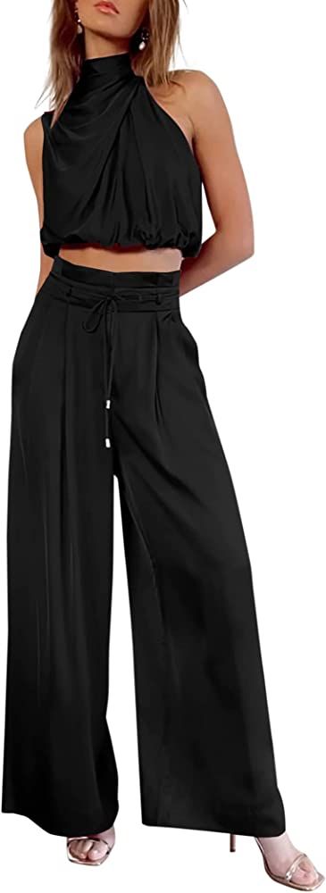 PRETTYGARDEN Women's 2 Piece Outfits 2023 Summer Casual Sleeveless Mock Neck Crop Tops Wide Leg P... | Amazon (US)