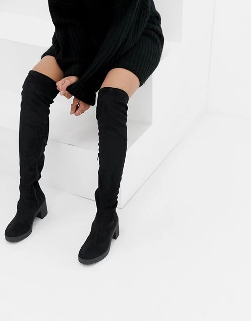 Miss Selfridge over the knee chunky heel boots in black | ASOS US