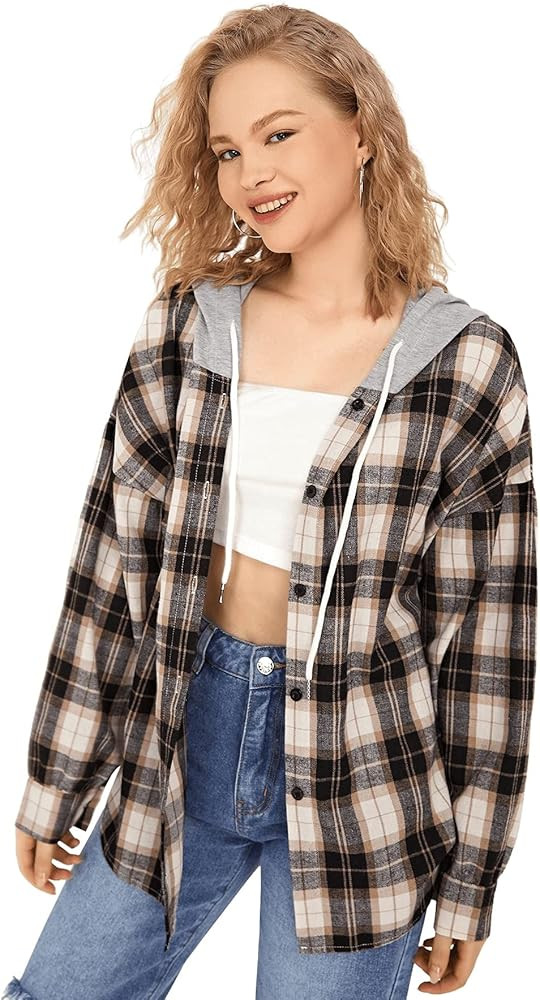 SweatyRocks Women's Long Sleeve Plaid Hoodie Jacket Button Down Blouse Tops | Amazon (US)