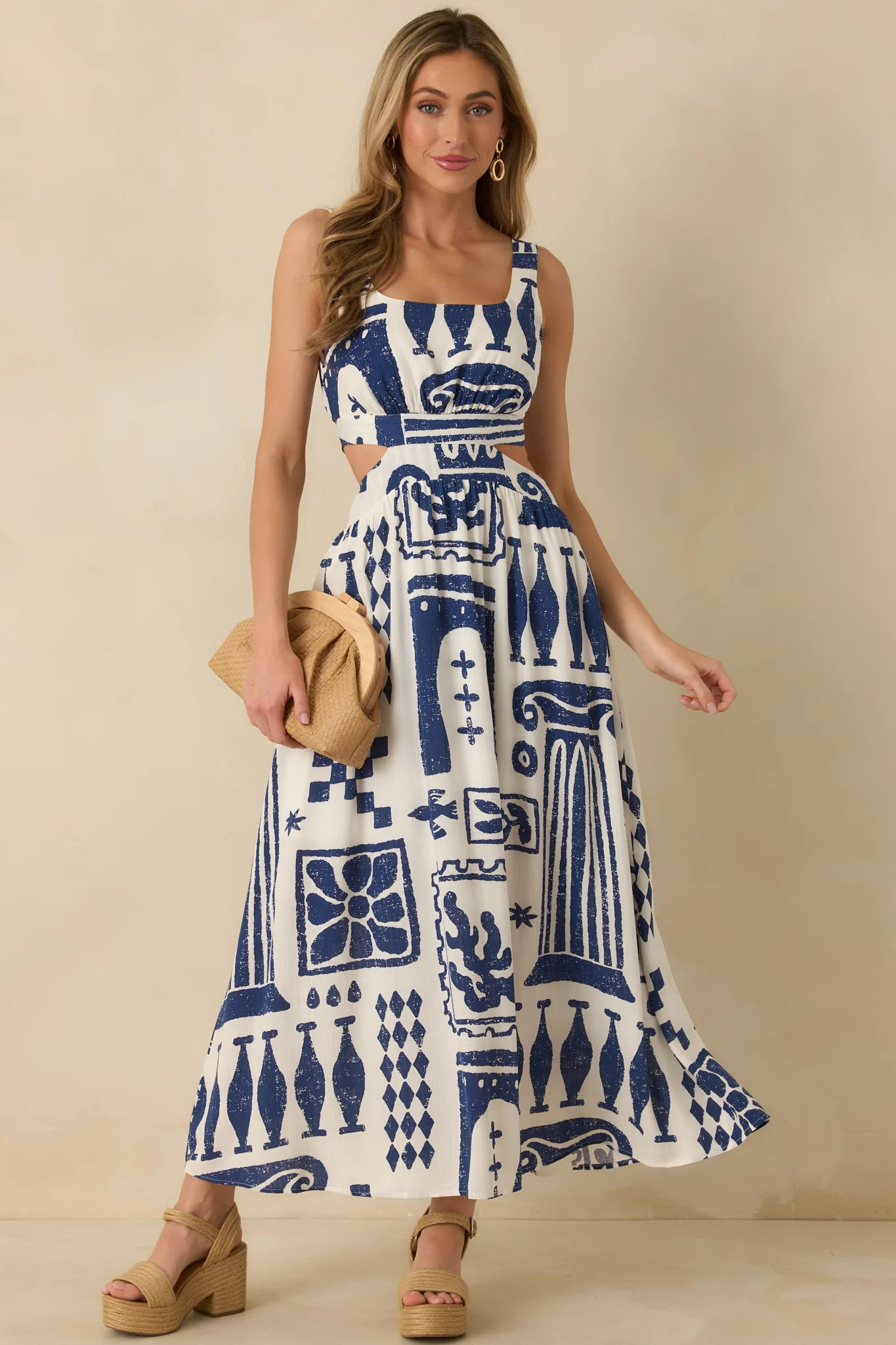 Aegean Dreams Navy & White Mediterranean Cut-Out Tie-Back Maxi Dress | Red Dress