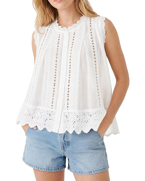 Womens Boho Sleeveless Eyelet Top - Button Front Flounce Hem Summer Casual Tank Top for Beach Vac... | Amazon (US)