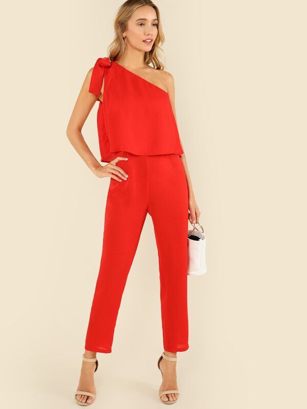 Tied One Shoulder Ruffle Embellished Jumpsuit | SHEIN