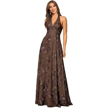 Women's Halter Floral Bridesmaid Dress Long Tulle Embroidery Formal Prom Evening Gown | Amazon (US)