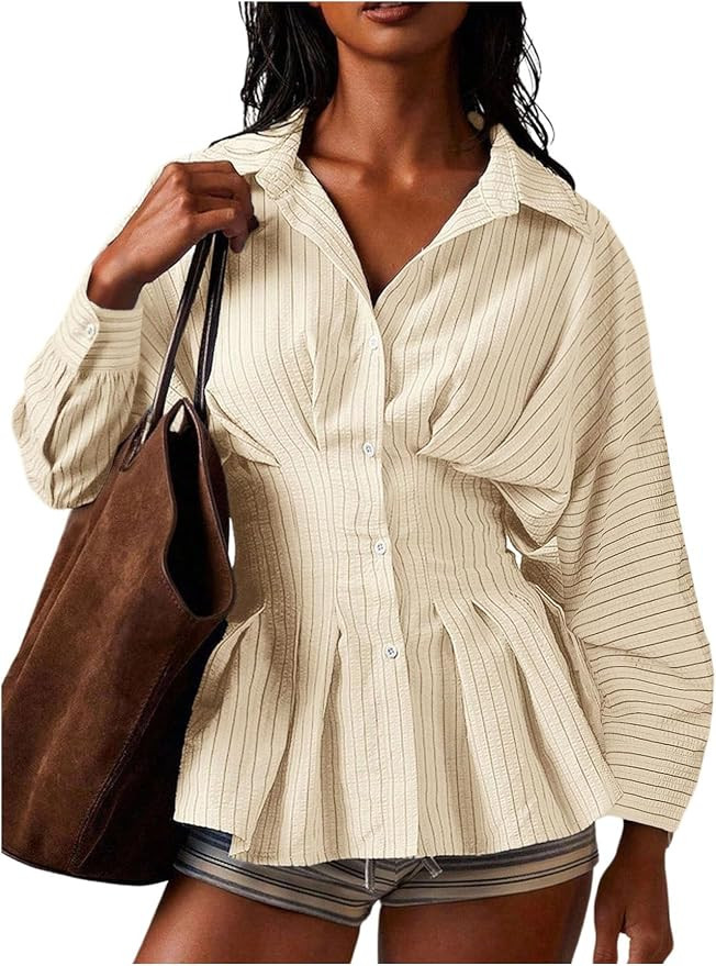 RoseSeek Women's Cinched Waist Peplum Striped Button Down Collared Shirts | Cinched Waist Tops, P... | Amazon (US)