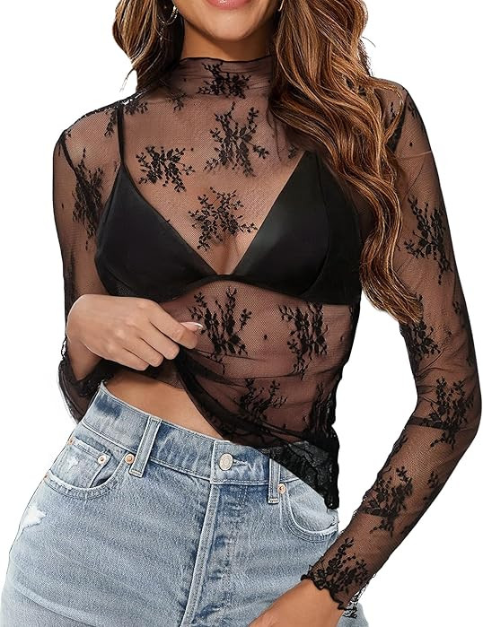 Buauty Mesh Long Sleeve Top for Women, Lace Sheer Tops See Through Mock Neck Floral Embroidery Sh... | Amazon (US)
