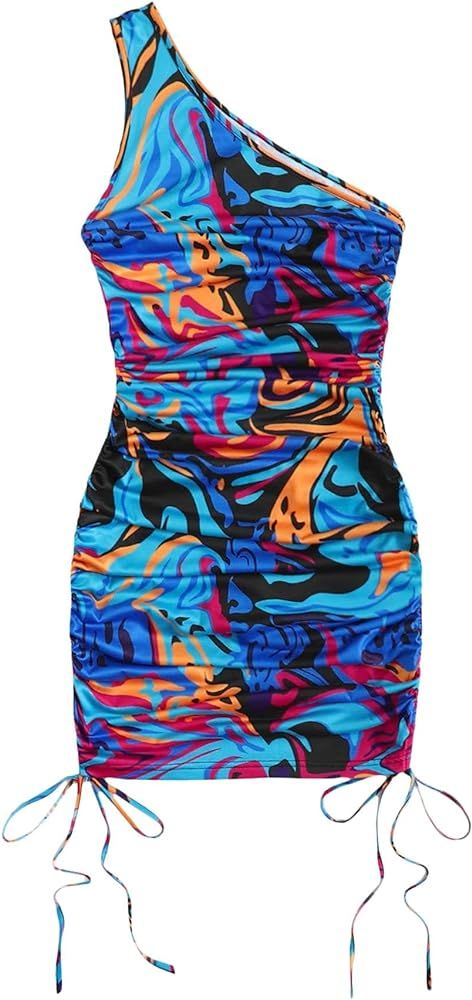 SheIn Women's One Shoulder Ruched Mini Bodycon Dress Sleeveless Drawstring Short Dresses | Amazon (US)