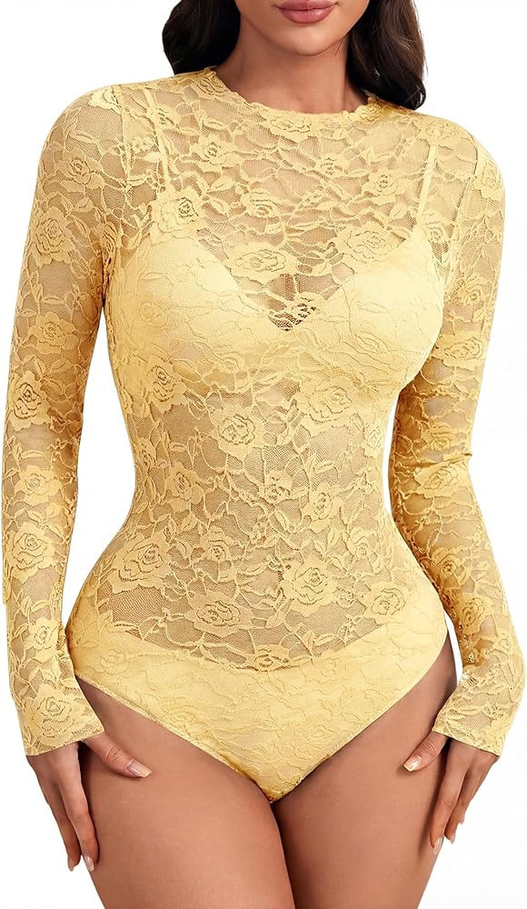 Rooscier Women's Floral Lace Sheer Long Sleeve Mock Neck Sexy Bodysuits Top without Bra and Thong | Amazon (US)