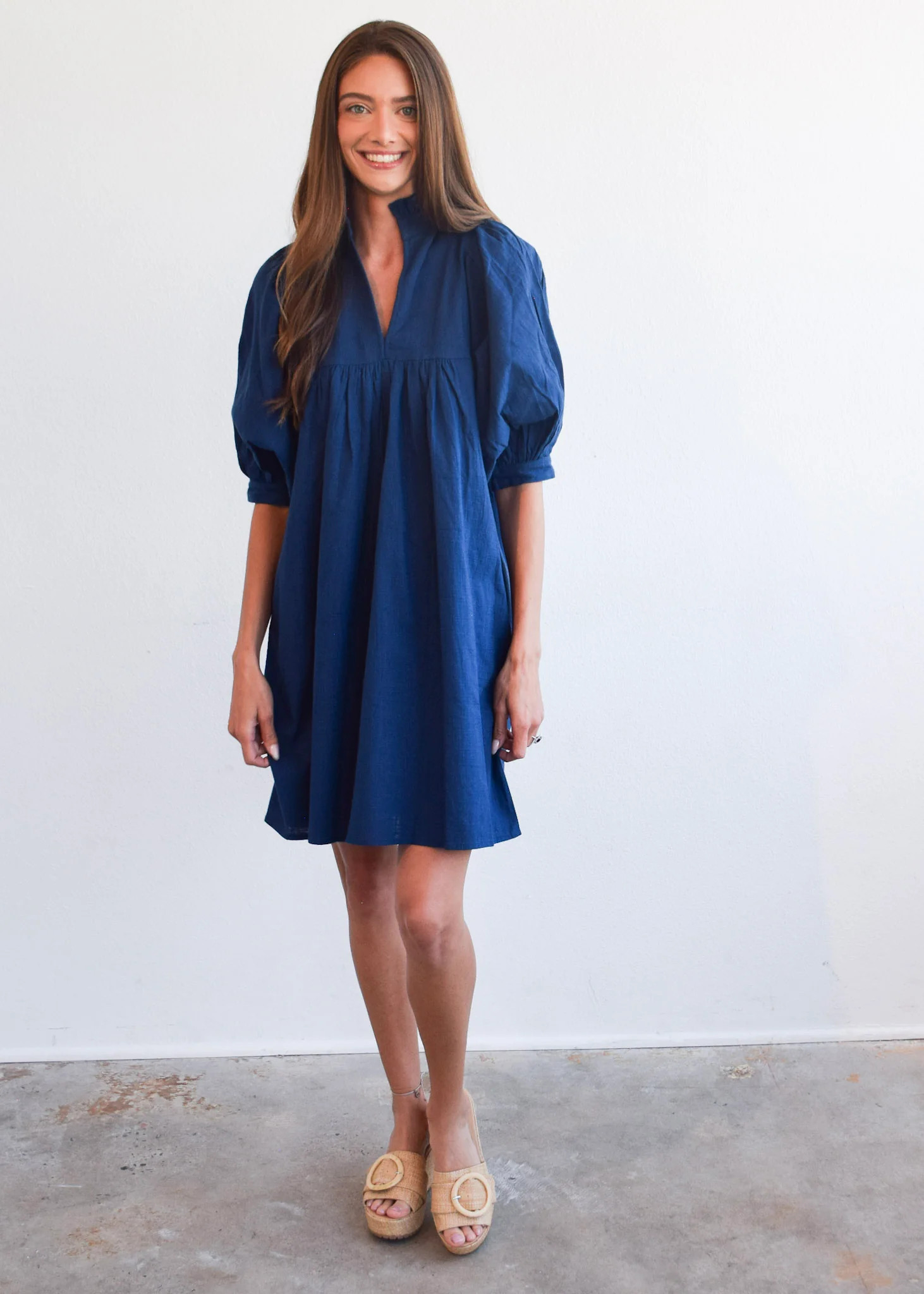 Never A Wallflower | High Neck Dress Navy Woven | Never A Wallflower