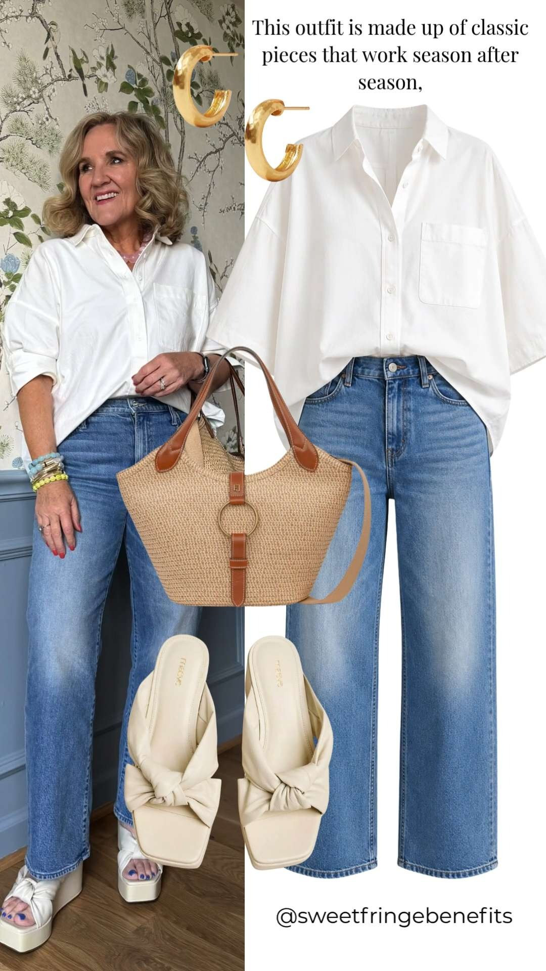 A crisp white button-down, great-fitting denim, neutral platform sandals, and a beautiful raffia tote—this is the kind of outfit you'll reach for over and over again. 🫶🏻 

 #LTKootd #LTKSeasonal #LTKOver40