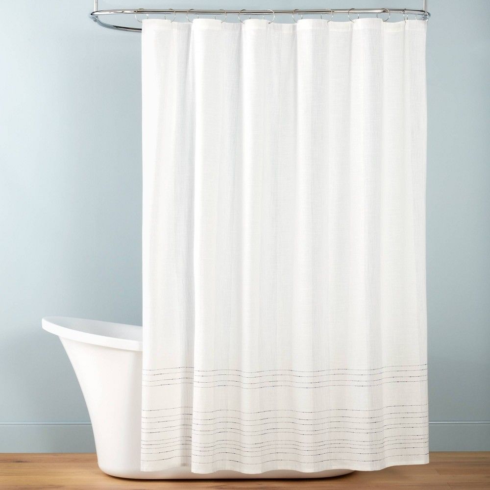 Pinstripe Woven Shower Curtain Blue/Cream - Hearth & Hand with Magnolia | Target