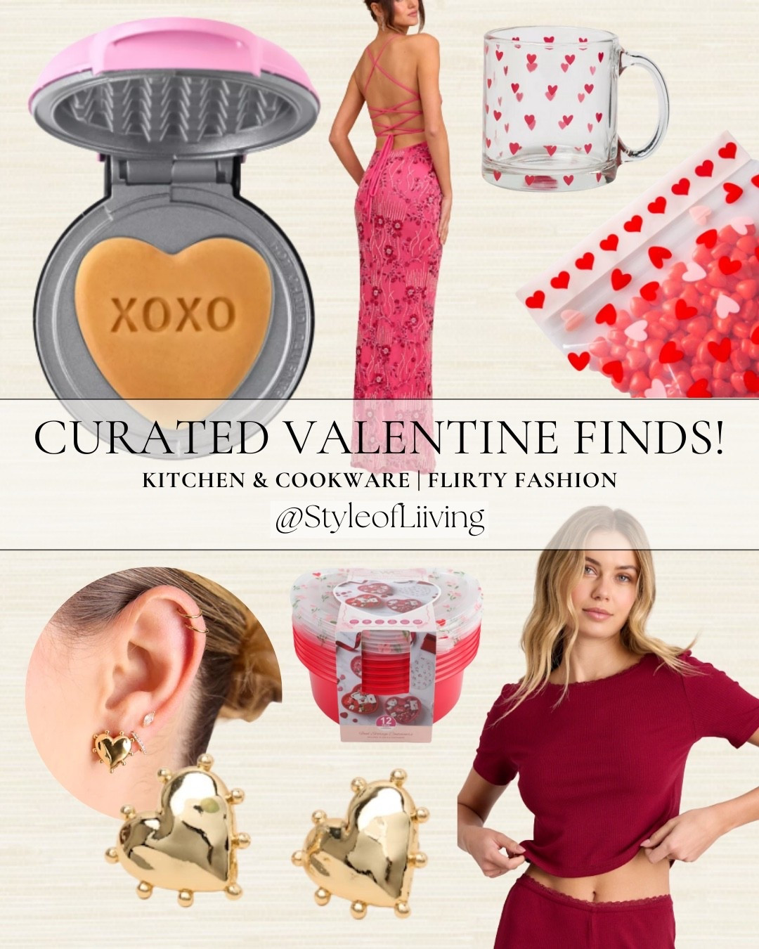 Valentines Day finds! Pajama set, maxi pink maxi dress, gold heart shaped earrings from Lulus. Tupperware, heart-shaped waffle maker, glass coffee mug, goodie bags from Target!
#target #lulus #vday #valentinesday #wafflemaker #kitchen #datenight #earringss

#LTKSeasonal #LTKHome #LTKootd