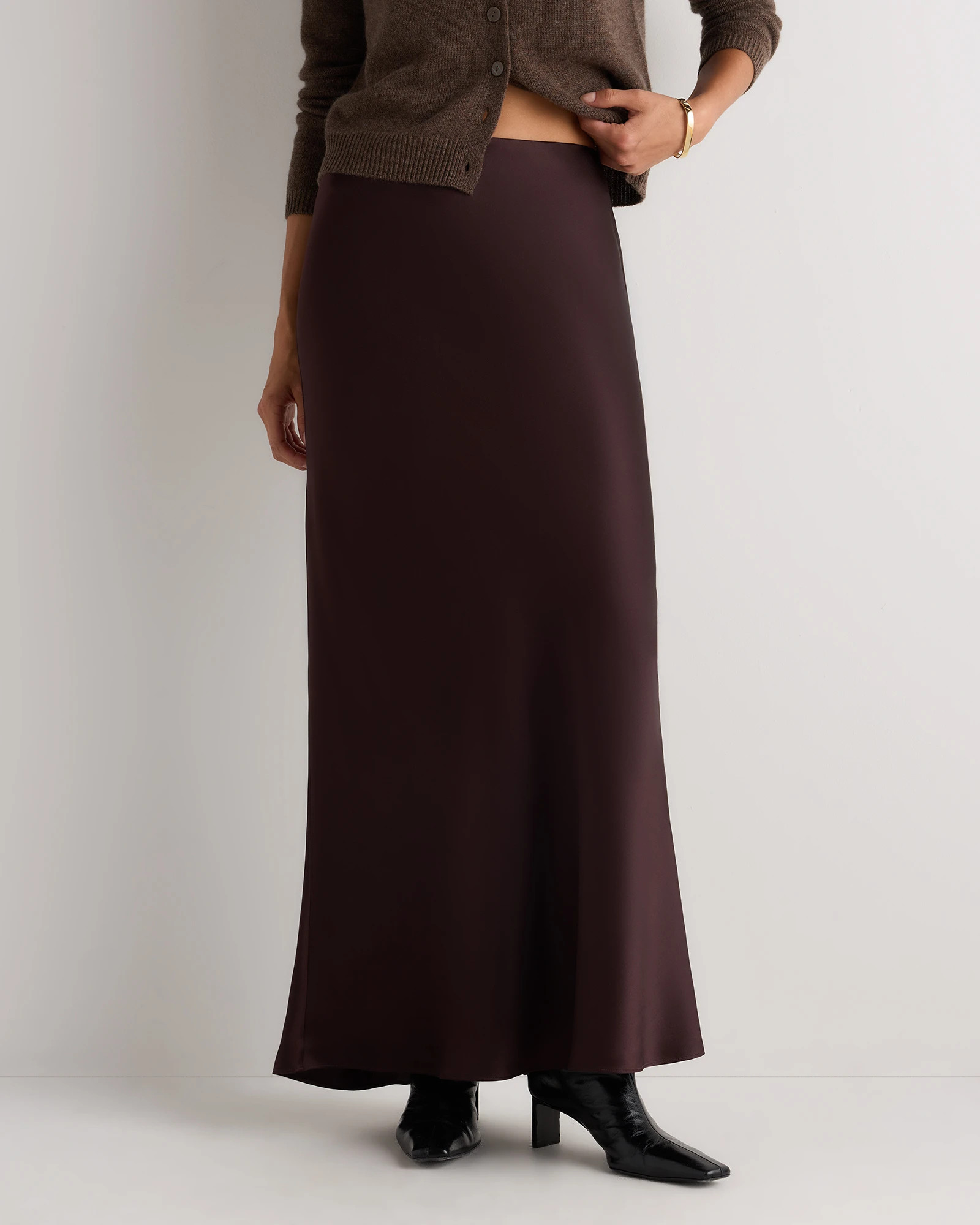 100% Washable Silk Maxi Skirt in Chocolate Plum Brown | Quince