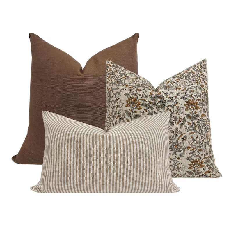 PILLOW COMBO || Set Of Three Designer Pillow Covers, Brown Textured Pillow, Floral Block Print Li... | Etsy (US)