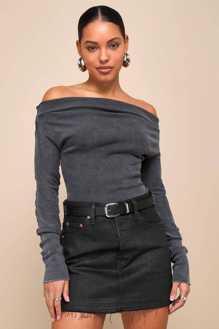 Gigi Washed Black Ribbed Off-the-Shoulder Long Sleeve Top | Lulus