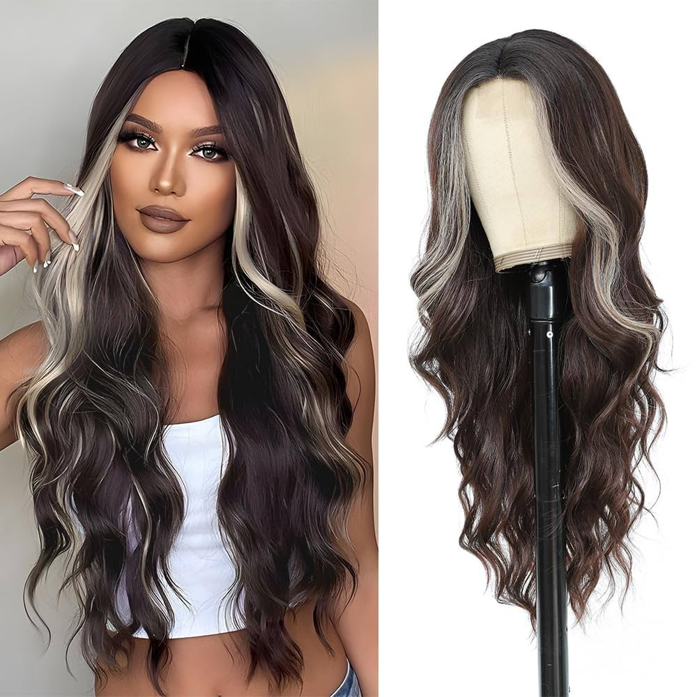 Long Wavy Wig for Women 26 Inch Middle Part Curly Wigs with Lace Hairline Synthetic Heat Resistan... | Amazon (US)