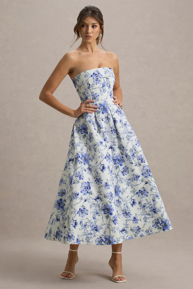 Annalise  Blue Floral Print Bandeau Skater Midi Dress | Club L London