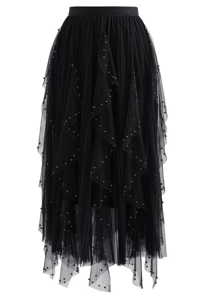 Scattered Bead Decor Pleated Tulle Skirt in Black | Chicwish