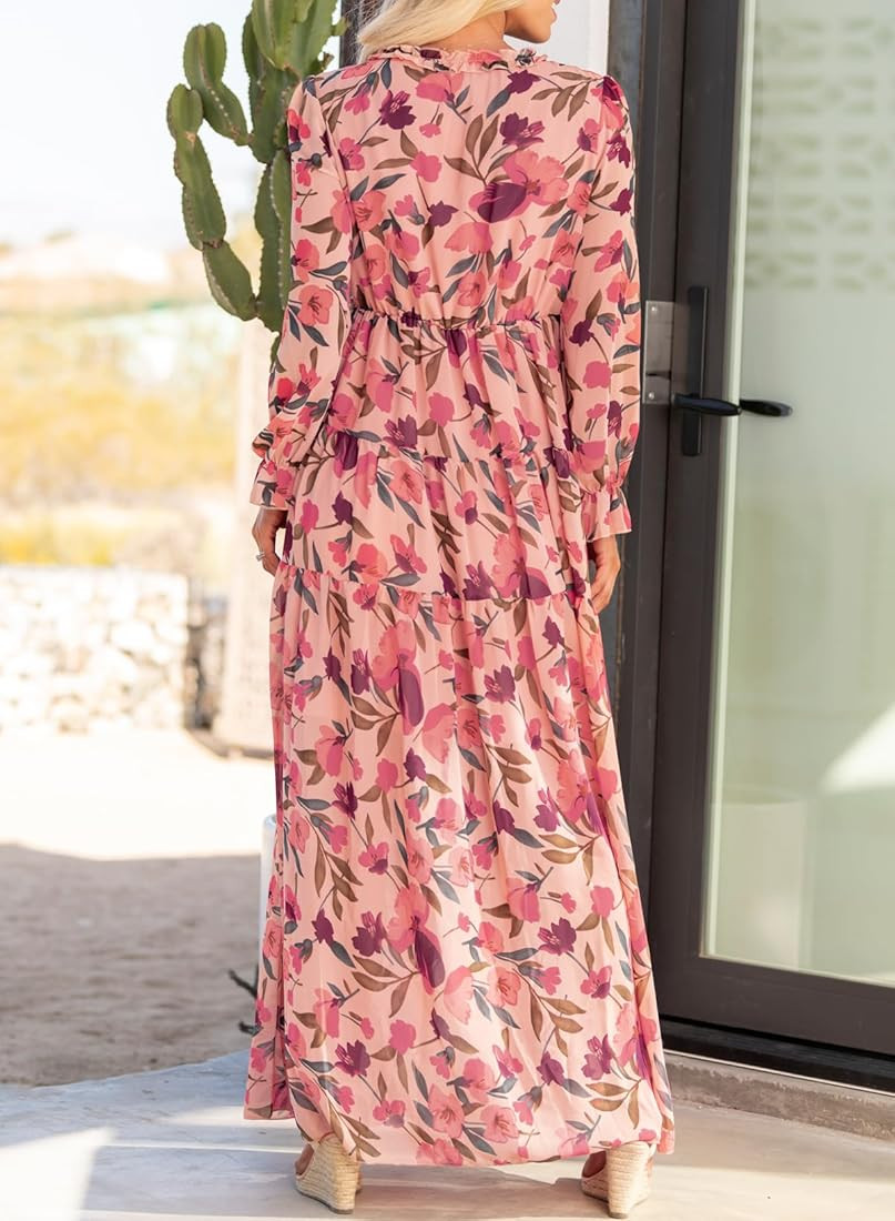 BLENCOT Womens Casual Floral Deep V Neck Long Sleeve Long Evening Dress Cocktail Party Maxi Weddi... | Amazon (US)