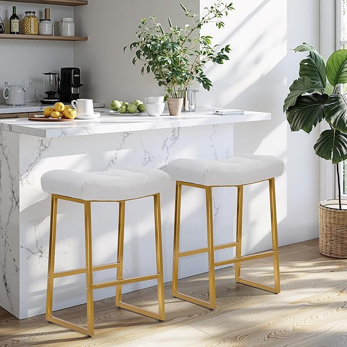 RNKSFX White & Gold Counter Height Bar Stools Set of 2 for Kitchen Counter Backless Kitchen Islan... | Amazon (US)