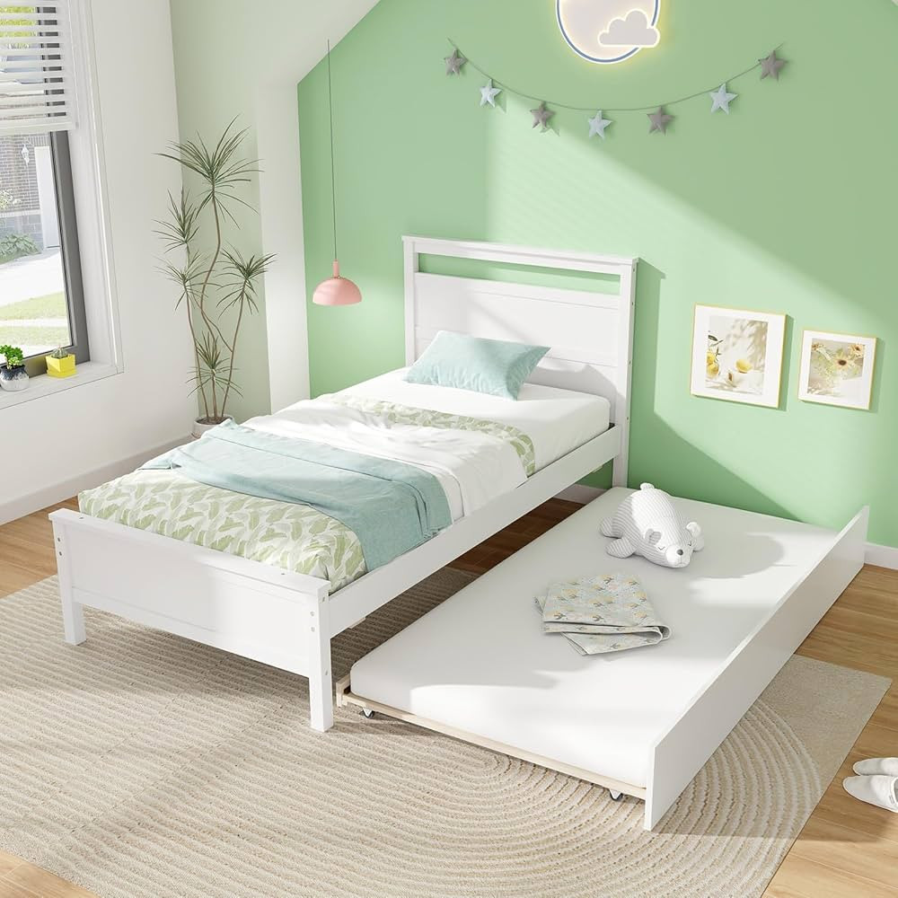 Giantex Trundle Bed Twin, Wood Day Bed Frame with Headboard & Footboard, Wooden Slats Support, Tw... | Amazon (US)