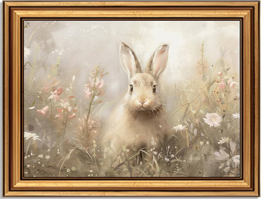 Easter Bunny Wall Decor:This antique gold framed canvas wall artwork features a cute rabbit in a ... | Amazon (US)