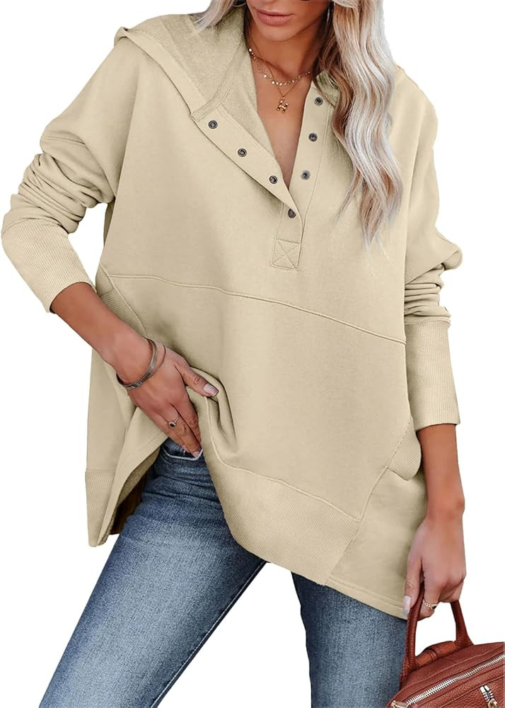 LaLaLa Women Button Down V Neck Hoodies Casual Long Sleeve Oversized Pullover Sweatshirt Hooded T... | Amazon (US)