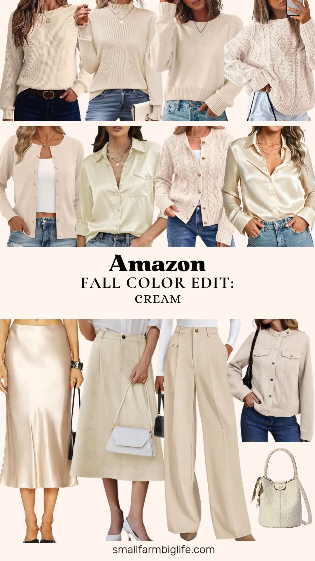 Cream is such a beautiful, elevated color for fall and this Amazon edit is full of easy pieces to build around it.

Starting with sweaters, the Zeagoo Cropped Crewneck Sweater and the Zeagoo Loose Fit Chunky Knit Sweater are both such easy everyday layering pieces, while the Zeagoo Turtleneck Ruffle Sweater has such a charming, dressy detail for business casual workwear. The Trendy Queen Oversized Cable Knit Sweater has that quiet luxury feel that is everywhere right now, and I am also loving the Trendy Queen Lightweight Knit Cardigan and the Trendy Queen Cable Knit Cardigan for easy layering over a blouse.

For something a little dressier, the Odosalii Satin Button Down Blouse and the second Satin Silk Button Down Shirt both have such a soft, sleek feel that works beautifully for the office or a date night outfit. Pair either one with the Satin Midi Skirt for a flowy, elegant look, or the HERBATOMIA Suede Midi Skirt for something with a bit more texture.

On the bottoms side, the PRETTYGARDEN Tailored Wide Leg Work Pants are such a polished pick for business casual workwear or an interview outfit. The Zeagoo Faux Suede Cropped Shacket is a great transitional layer for cooler days, and the BOSTANTEN Vegan Leather Crossbody Bag rounds out the look as an easy everyday bag.

So many cream pieces to build easy autumn outfits around this season, all linked for you.

#amazonfashion #fallfashion #falloutfits #creamoutfit #businesscasual 

 #LTKootd #LTKOver40 #LTKWorkwear