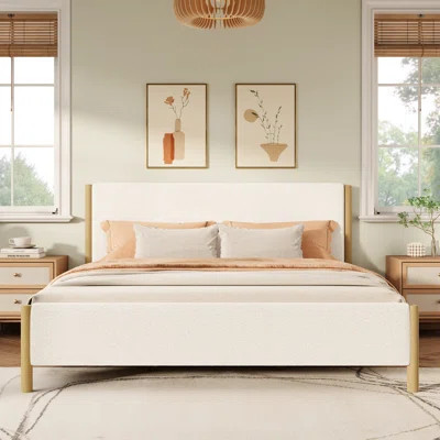 Modern White Boucle Upholstered Bed With Rubberwood Legs, KING, White | Wayfair North America