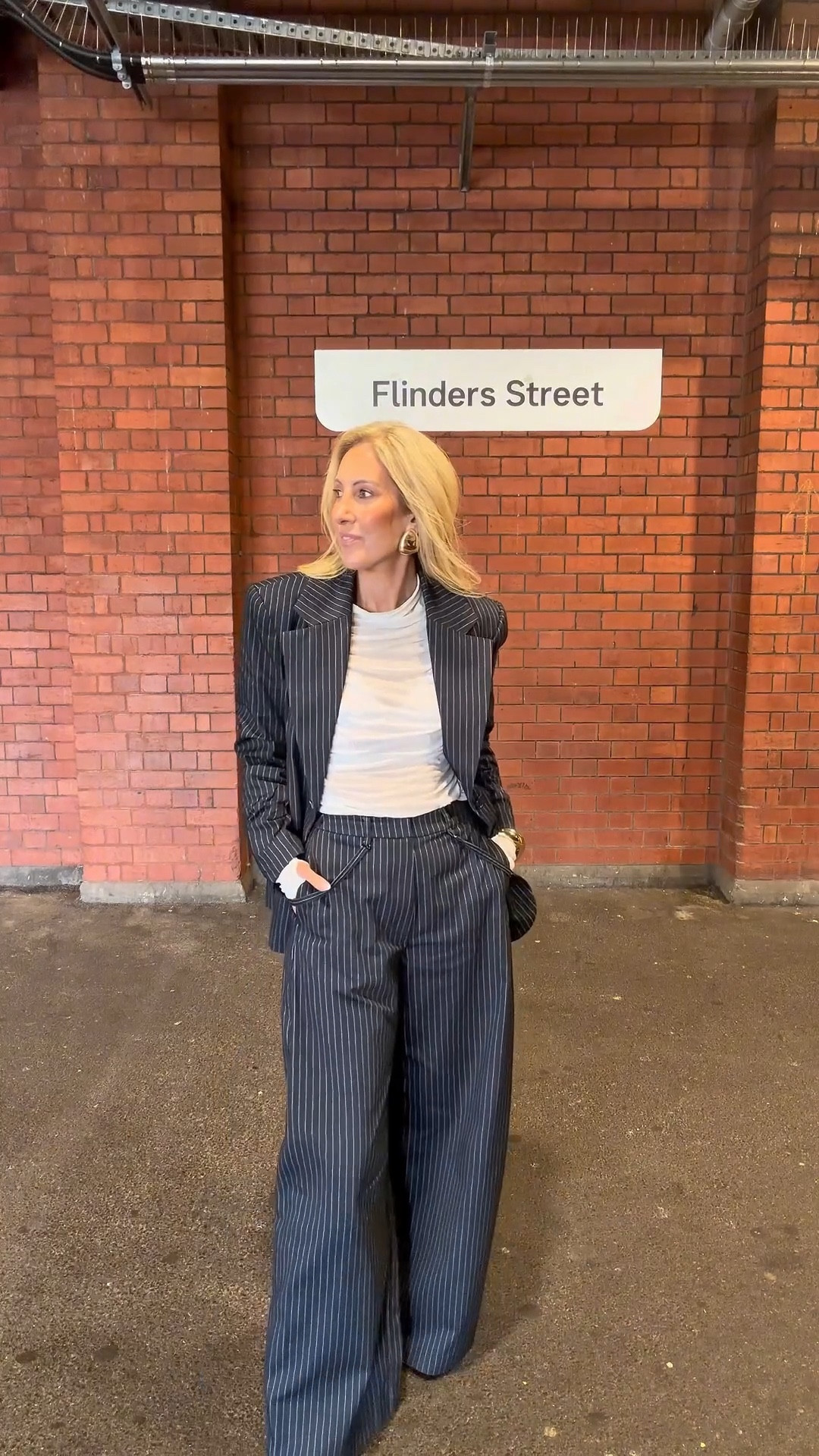 How fabulous is this suit! 

I’m wearing a size 8 in all pieces. Great weight in the fabric perfect for autumn & winter and love that the pieces scan be worn seperate and back with your own wardrobe.

The pants have a gorgeous side pleat and flat fronted so very flattering with a wide leg! With a light blue pinstripe.

The top is a wardrobe still, it has thumb holes and the most gorgeous sheer fabric. 

#LTKaustralia #LTKstyletip #LTKworkwear