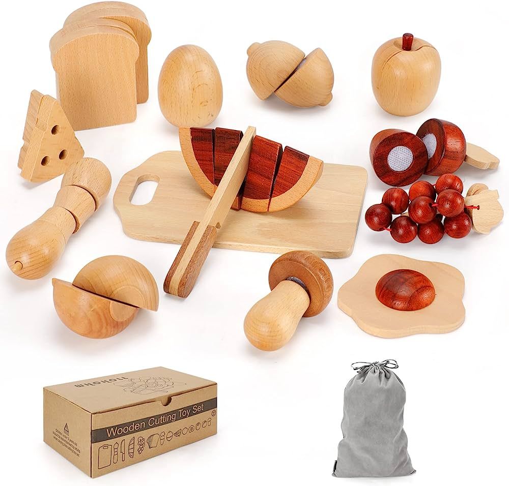 WHOHOLL Wooden Play Food, Toddler Cutting Play Food Sets for Kids Kitchen, Velcro Fake Food Fruit... | Amazon (US)