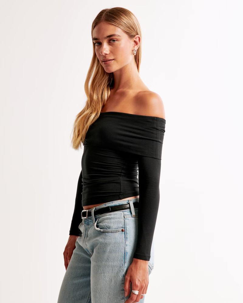 Long-Sleeve Cotton-Blend Seamless Fabric Tuckable Off-The-Shoulder Top | Abercrombie & Fitch (US)