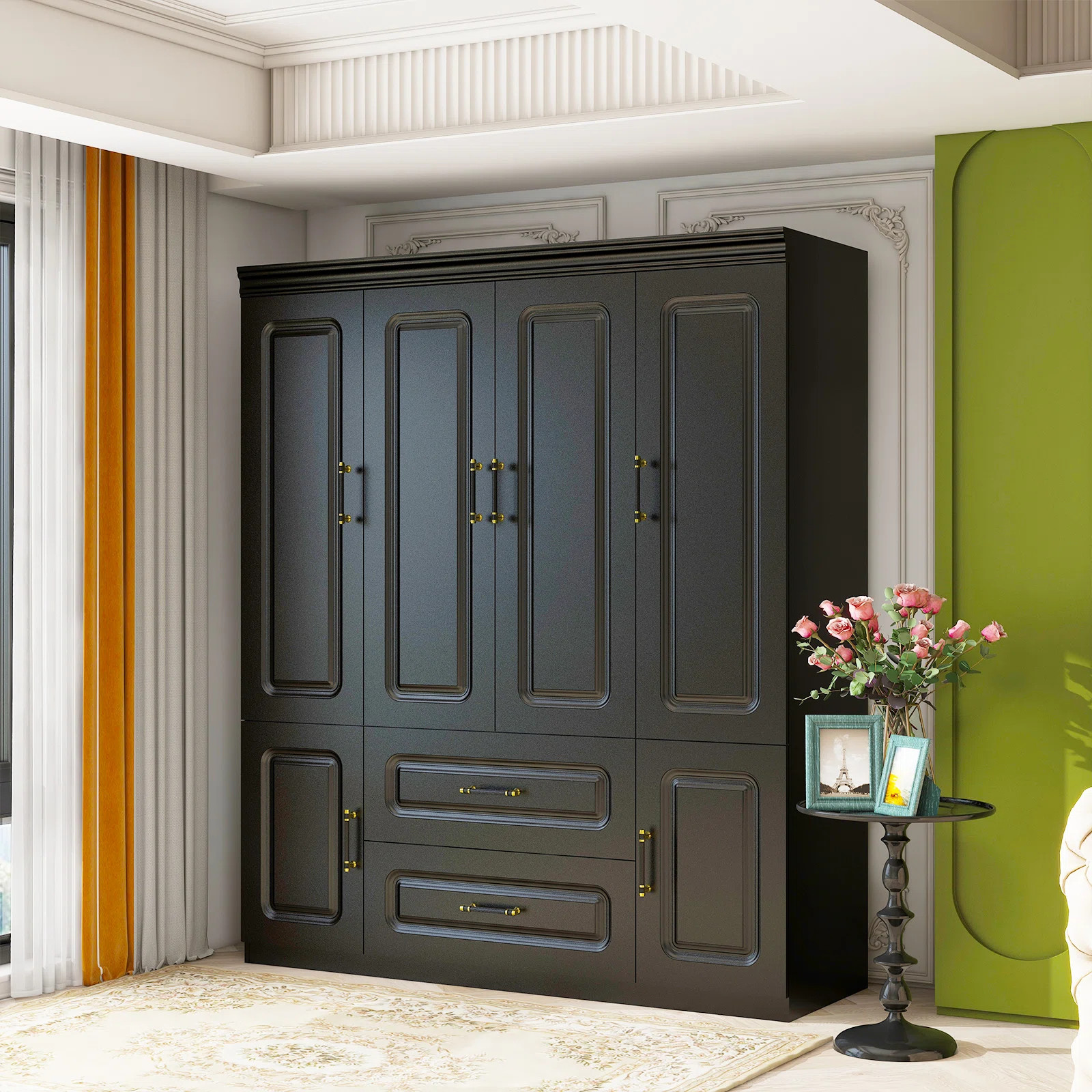 Freestanding Wardrobe Armoire for Bedroom, 4-Door Wardrobe with Drawers, Black | Wayfair North America