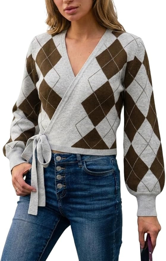 ZAFUL Women’s Wrap Sweater Tie Front Cropped Cardigan Lantern Sleeve Top | Adjustable side tie,... | Amazon (US)