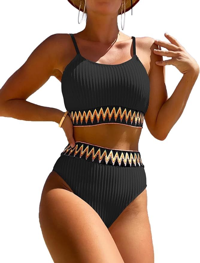 Zuvebamyo Women's High Waisted Swimsuit Two Piece Ribbed Bikini Sets Crop Top High Cut Cheeky Bat... | Amazon (US)