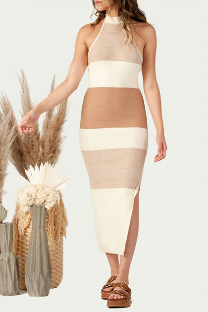 Brizo Knitted Halterneck Midi Dress In Ivory/tan | Shop Simon