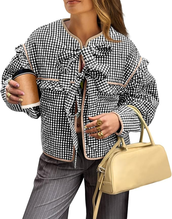 Tankaneo Womens Plaid Quilted Jackets Tie Front Lightweight Cropped Jacket Ruffled Puffer Padded ... | Amazon (US)