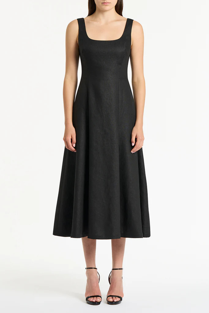 BLACK LINEN SQUARE NECK MIDI DRESS | Carla Zampatti