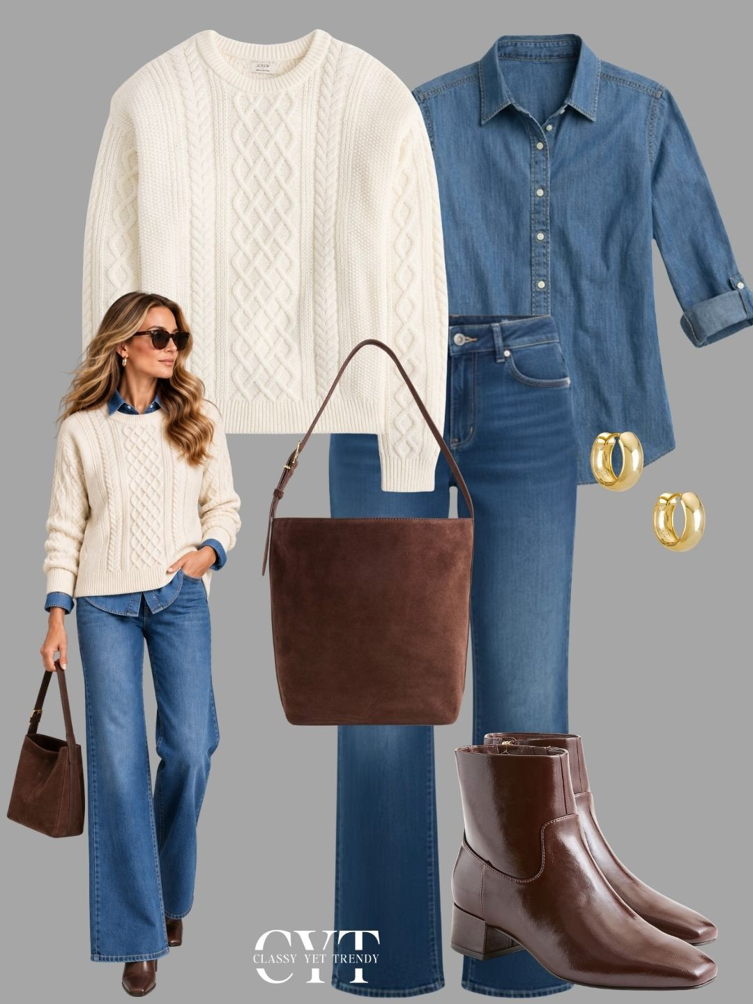 4 Fall looks with a chambray shirt 🍂 Happy Monday! #jacketstyle #autumnfashion #dailystyle #sweaterweather #denimstyle fair isle, barn jacket, western boots, ballet flats, wide leg jeans, patch pocket, leopard, suede, sweater, chocolate brown 

 
