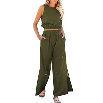 AOVDE Women's 2 Piece Outfits - Summer Sleeveless Tank Crop Top Slit Wide Le… | Amazon (US)