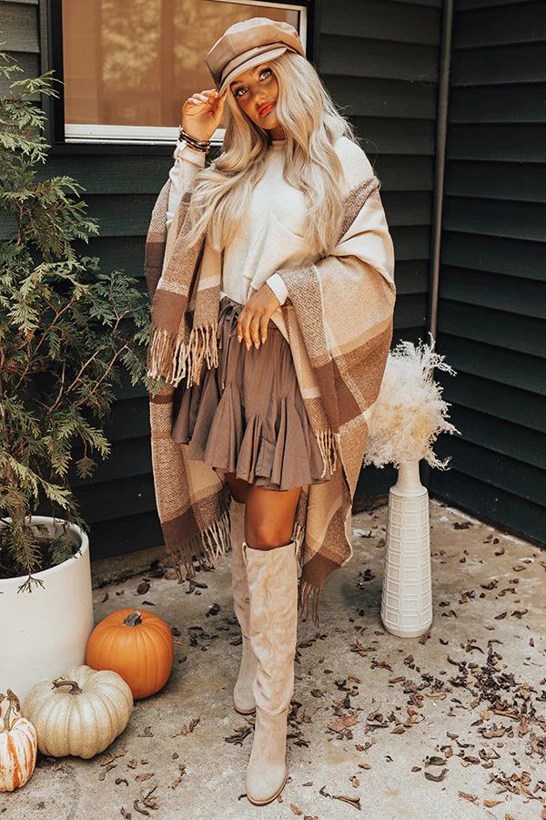 Rocky Mountain Resort Plaid Poncho In Mocha | Impressions Online Boutique