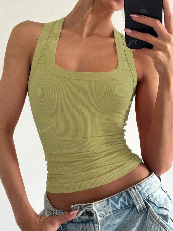 Floreya Square Neck Spaghetti Strap Tank Top For Women, Summer Sexy Minimalist Casual Fitted Wais... | SHEIN