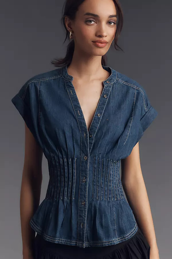 Short-Sleeve Pleated Corset Blouse | Anthropologie (US)