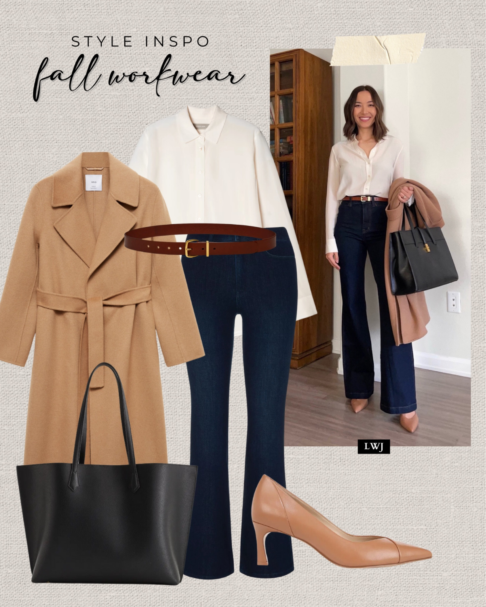 Style inspo: fall workwear 

Camel coat / white silk button up / dark blue flare jeans / cognac brown belt / camel tan heels / black leather tote bag / fall style / fall fashion / office outfit 

#LTKStyleTip #LTKWorkwear #LTKSeasonal