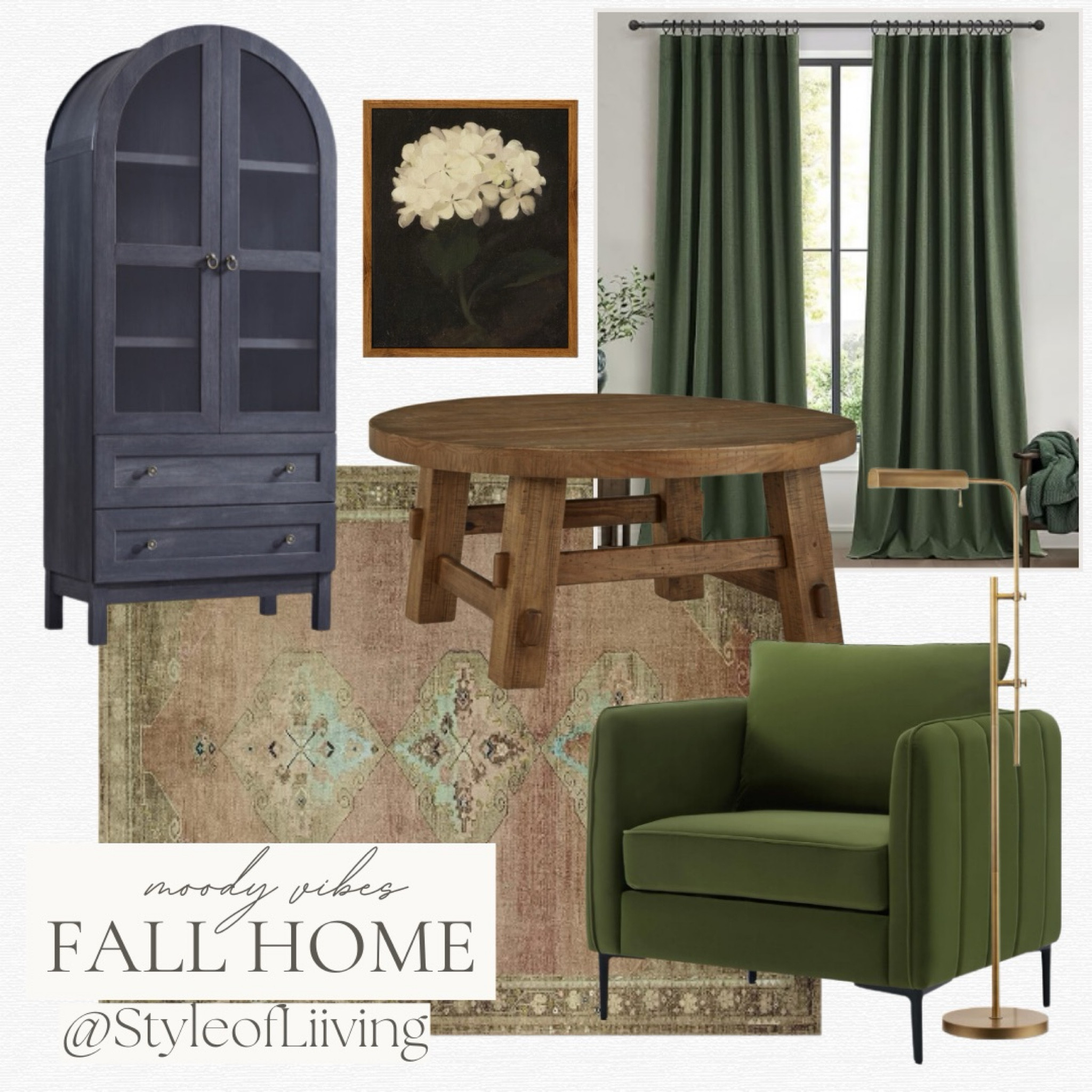 Dark moody home. Arched black cabinet, wooden coffee table, velvet accent chair, area rug, curtains, earth tones, wall art. Fall home #amazonhome #founditonamazon #homedecor #livingroom

#LTKSeasonal #LTKHome #LTKStyleTip