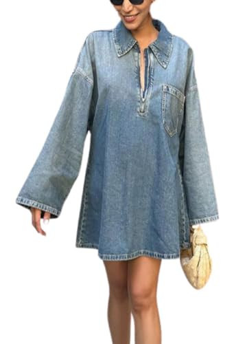utcoco Women 2025 Fashion Fall Long Sleeve Denim Mini Dress 1/4 Zip Up Short Jean Dresses with Pockets (Medium, Blue) | Amazon (US)