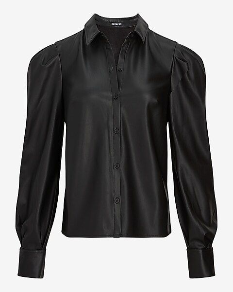 Faux Leather Puff Sleeve Button Up Shirt | Express