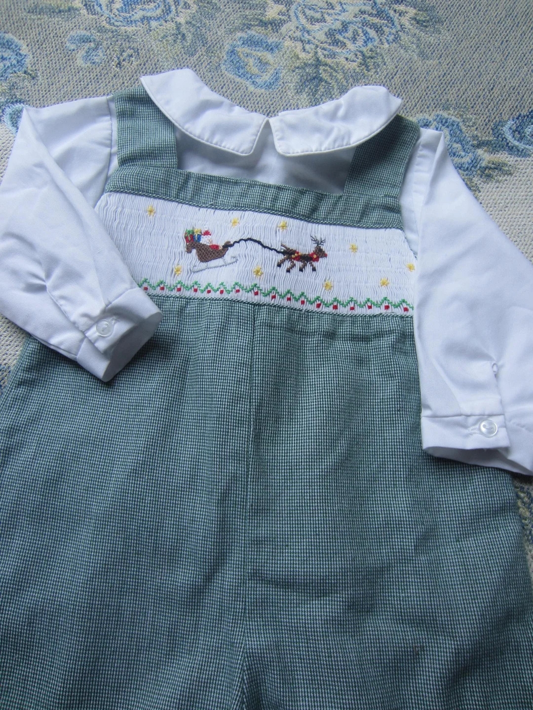 Baby Boy Xmas ,peter Pan Collar, Classic Smocking With Santa, Mint New, Shirt and Pant Onesie, 3 ... | Etsy (US)